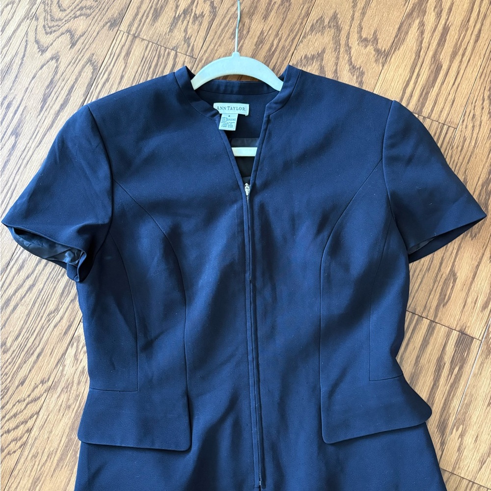 Ann Taylor Navy Short Sleeve Zip-Up Dress
